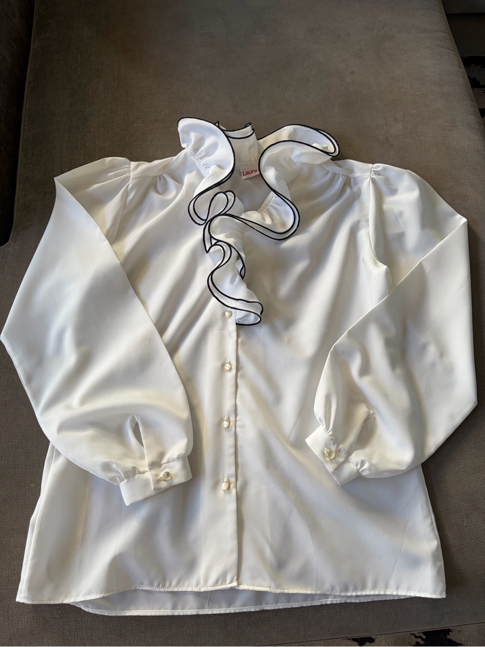 Vintage 1980s Ruffle Front Blouse White Black Victorian Romantic - Picture 4 of 7